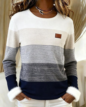 Winter Pullover grau gestreift mit Kunstfell Bündchen Damen