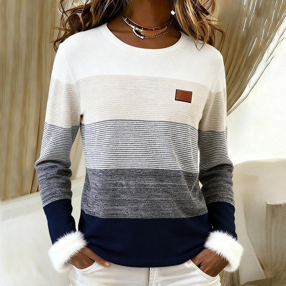 Winter Pullover grau gestreift mit Kunstfell Bündchen Damen