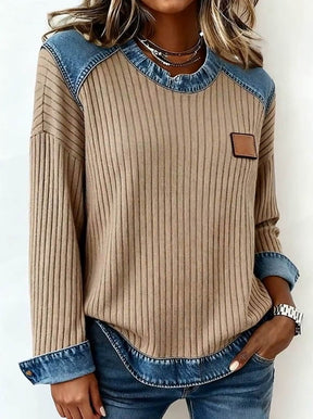 Winter Damen Waffle Top beige mit Denim Panels casual