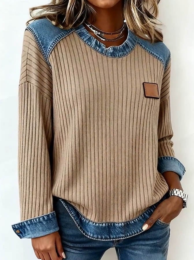 Winter Damen Waffle Top beige mit Denim Panels casual
