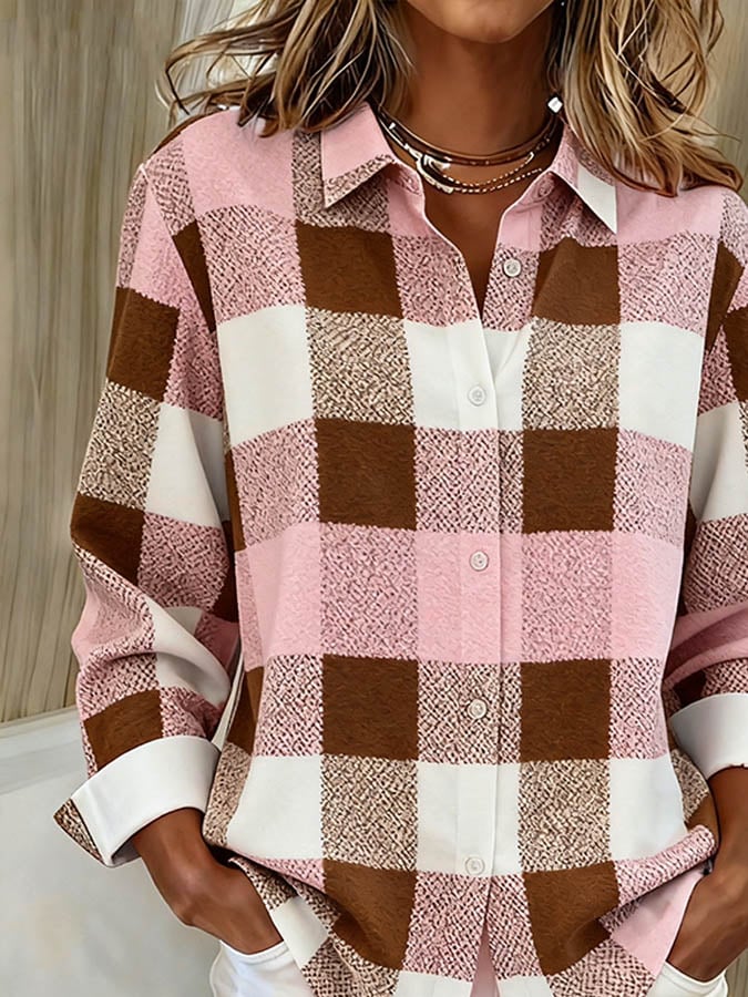 Kuscheliges Karo Winterhemd Rosa Braun Weiß Loose Fit Damen