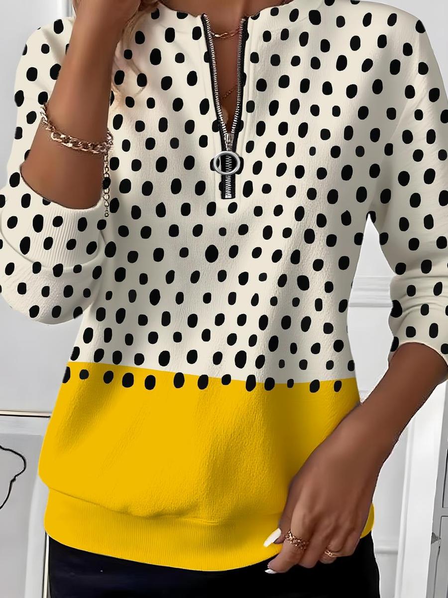 Winter Kuschel Longsleeve mit Polka Dots und Zipper V-Ausschnitt