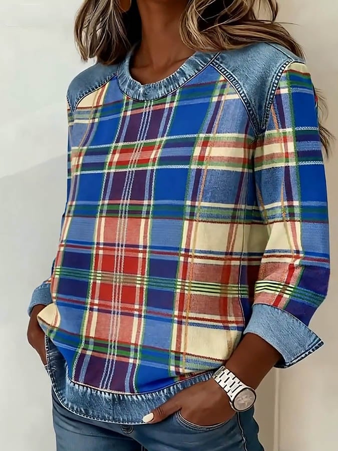 Winter Denim Patchwork Sweatshirt kariert warm & stylisch