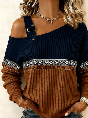 Winter One-Shoulder Stricktop Navy-Cognac – warm & stylisch