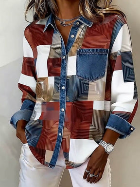 Winter Damenhemd bunt mit Denim-Kragen – warm & stylisch