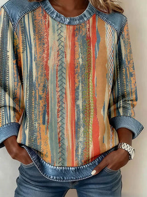 Boho Denim Patchwork Pullover – Kuscheliges Winter Sweatshirt