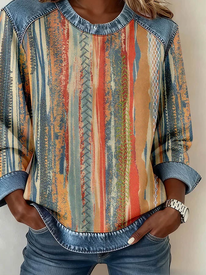 Boho Denim Patchwork Pullover – Kuscheliges Winter Sweatshirt