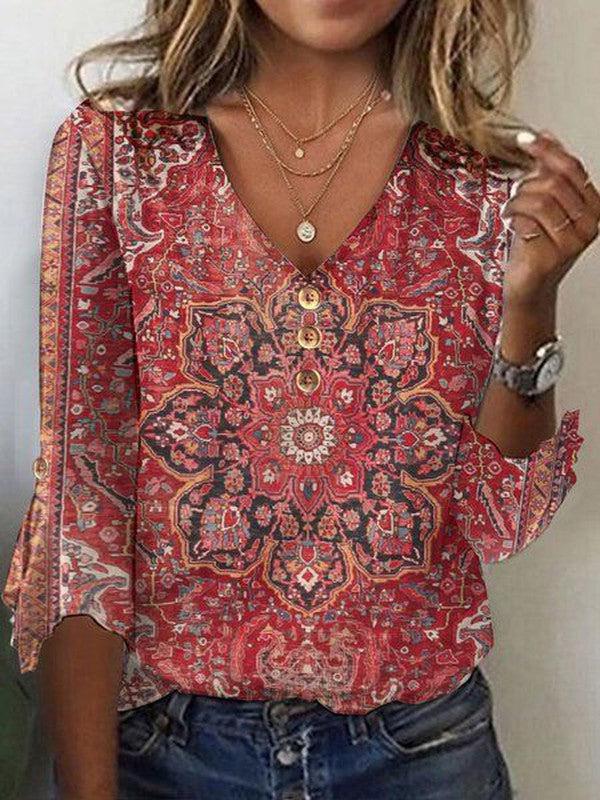 Rotes Mandala V-Neck Shirt 3/4 Arm – warmes Wintertop