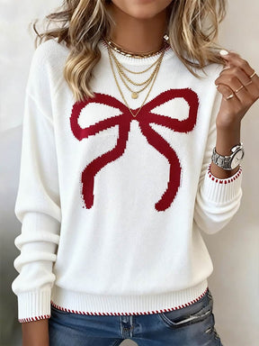 Damen Winter Pullover Weiß mit roter Schleife festlich warm