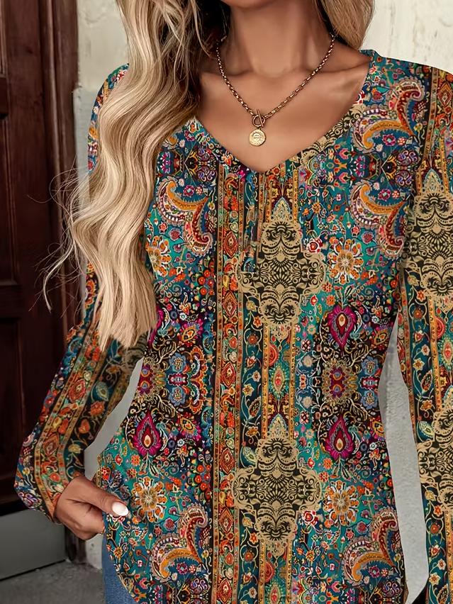 Boho Longsleeve Wintertop mit V-Ausschnitt, bunt und warm