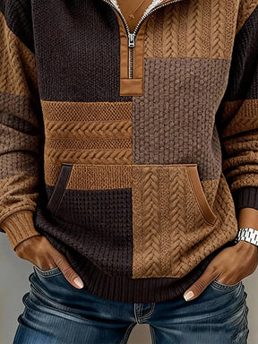 Damen Sherpa Winter Pullover mit Kragen Patchwork Braun