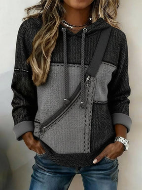 Winter Hoodie Damen grau schwarz mit Fake Shoulder Bag Look