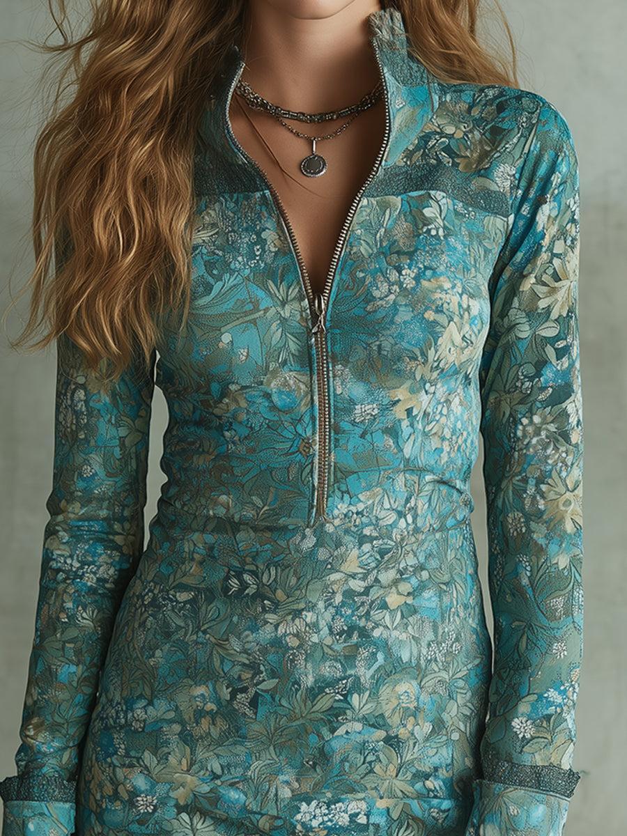 Blaues Winter Mini Kleid langarm figurbetont mit Blumenmuster