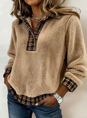 Kuscheliges Winter Teddy Sweatshirt beige kariert Damen