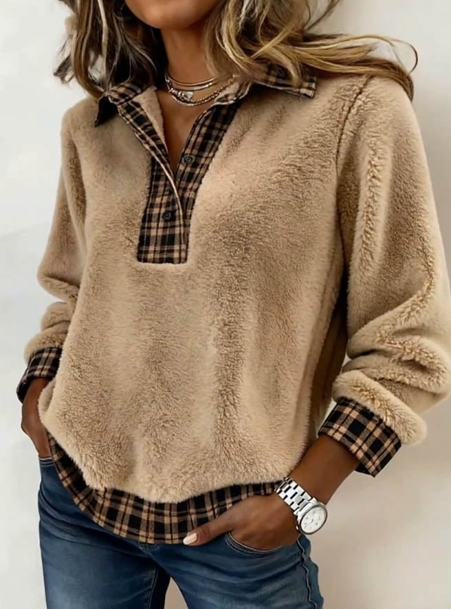 Kuscheliges Winter Teddy Sweatshirt beige kariert Damen