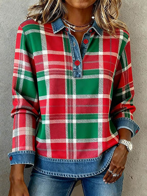 Winter Damenhemd kariert Rot-Grün mit Denimkragen cozy chic