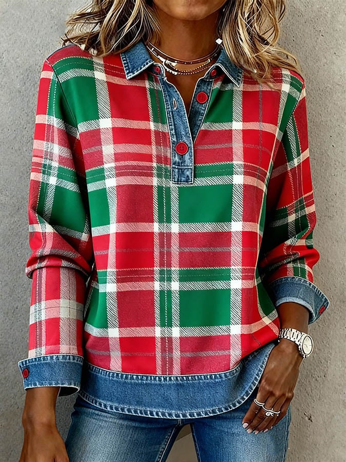 Winter Damenhemd kariert Rot-Grün mit Denimkragen cozy chic