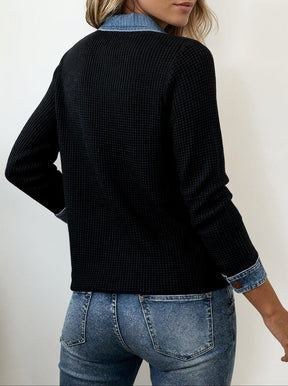 Winter Longsleeve Damen Schwarz mit Denimkragen Warm Casual