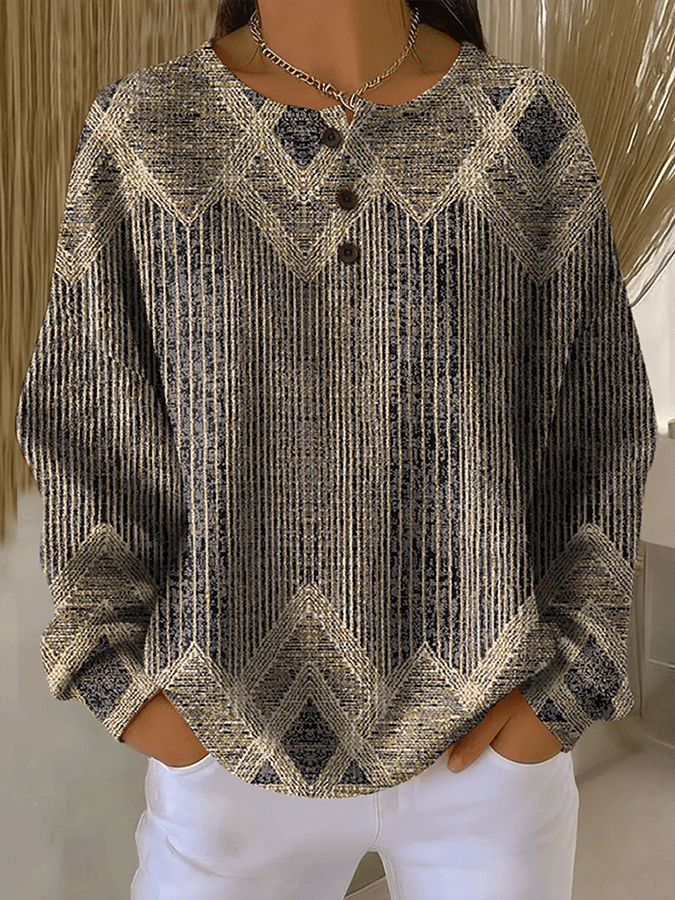 Boho Winter Sweatshirt Damen langarm warm beige blau