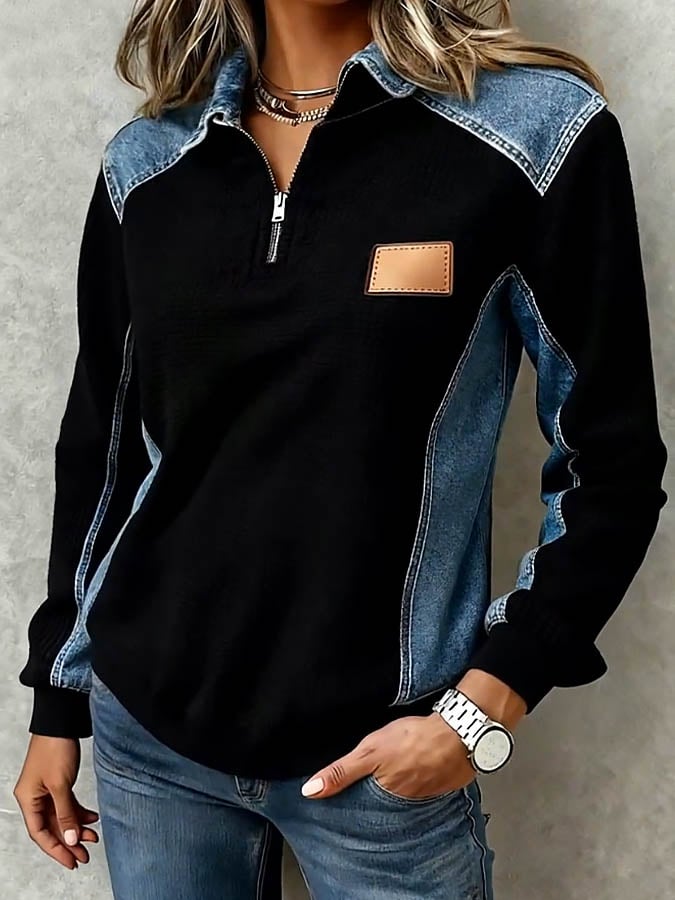 Winter Waffle Top Damen mit Denim-Details – warm & casual