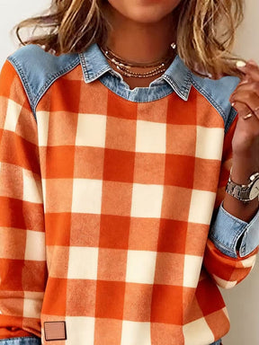 Karierter Winter Sweatshirt Pullover Orange mit Jeanskragen