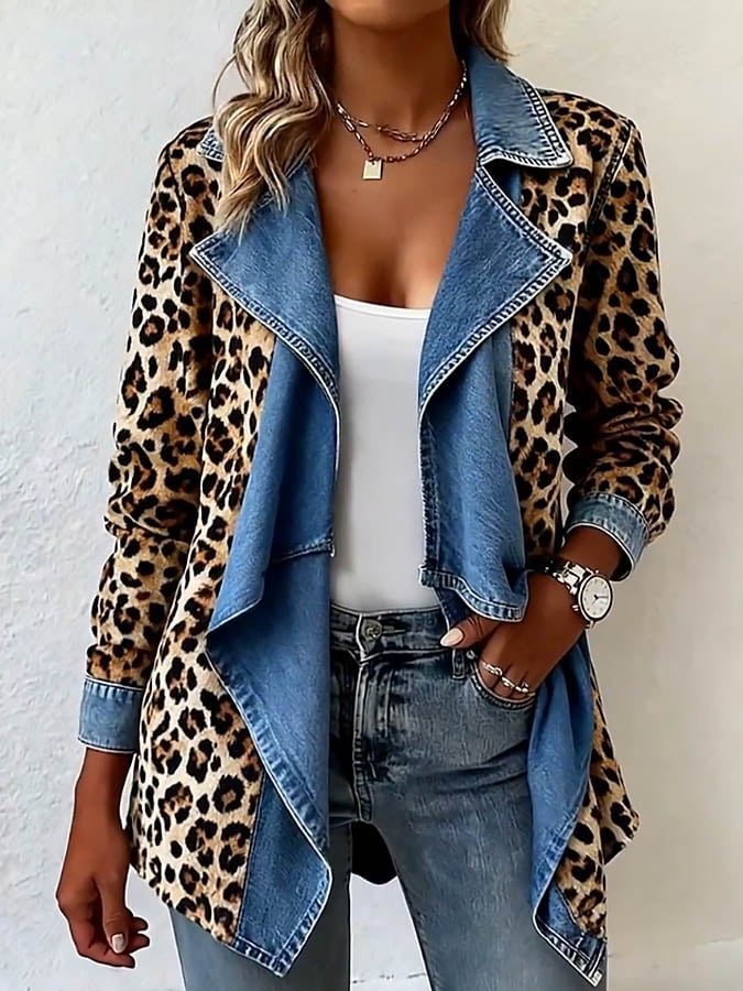 Winter Damen Jeansjacke mit Leopardenmuster, warm und stylish