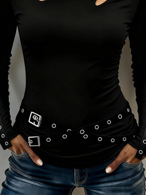Schwarzes Winter Damen V-Neck Top mit Cut-out & Langarm