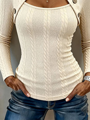 Winter Damen Jacquard Shirt Square Neck creme figurbetont