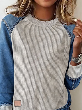 Winter Damen Sweatshirt Denim Patchwork warm & stylisch