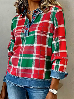 Winter Damenhemd kariert Rot-Grün mit Denimkragen cozy chic