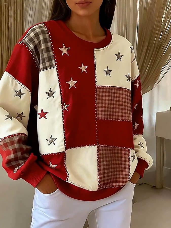 Damen Winter Patchwork Sweatshirt Sterne Karo Oversize Warm