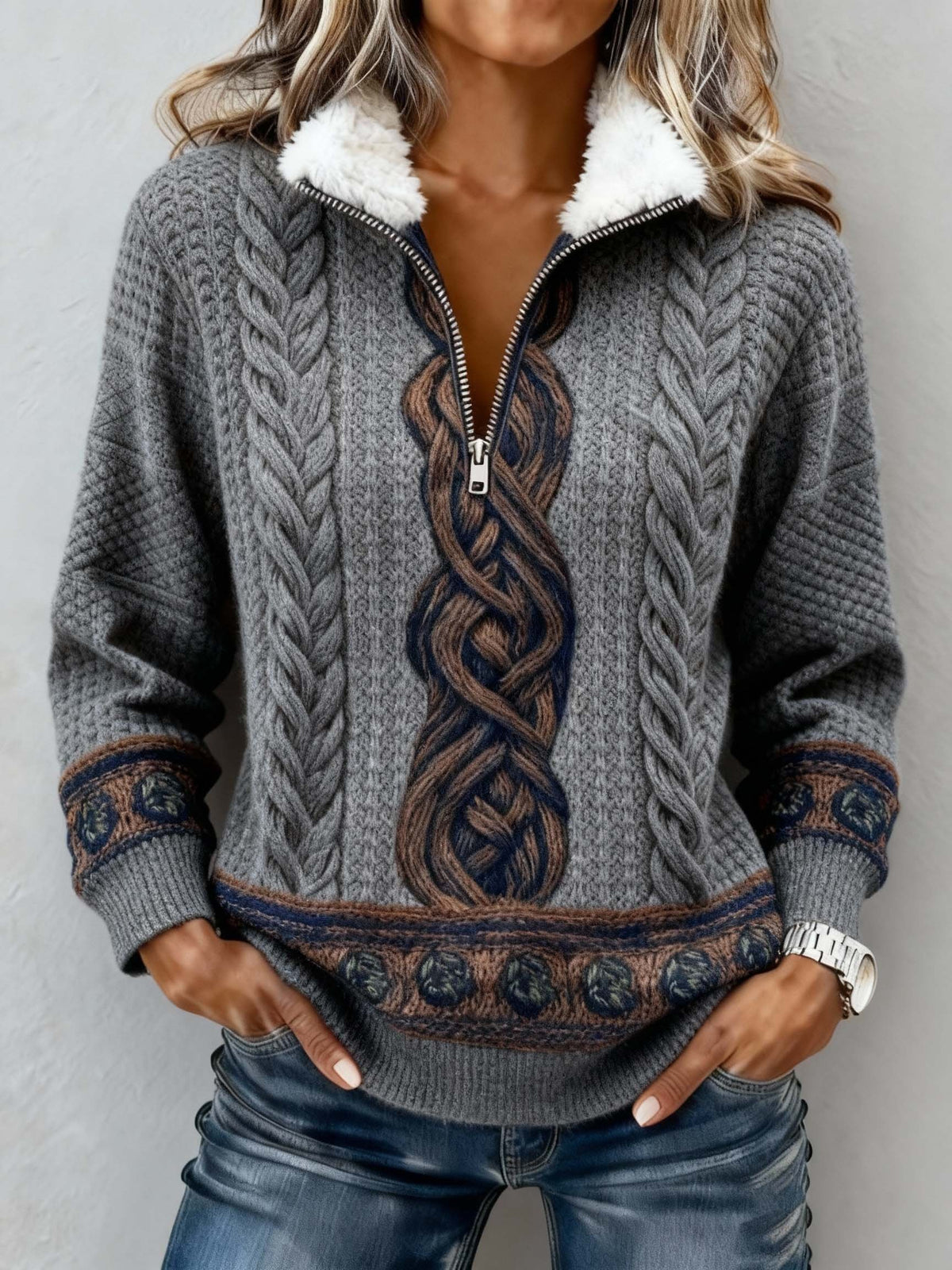 Damen Winter Fleece Pullover mit Zopfstrick Look, Kuschelsweater