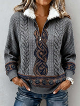 Damen Winter Fleece Pullover mit Zopfstrick Look, Kuschelsweater