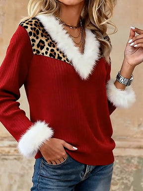 Rotes Christmas-Top mit Kunstfell & Leopard für Winterpartys