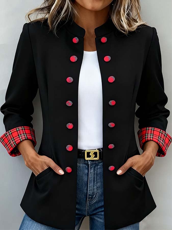 Winter Blazer Schwarz mit Karodetail – Eleganter Military-Look