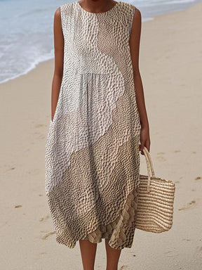 Winter Kleid Türkis Midi ärmellos Faux Leinen Meeresprint