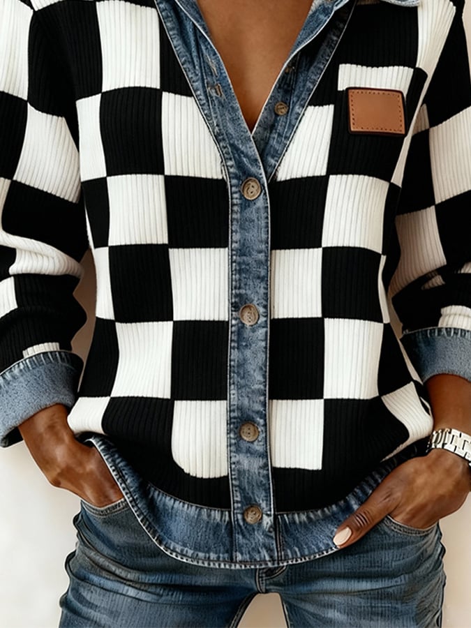 Damen Winter Cardigan kariert mit Denim-Kragen schwarz weiß