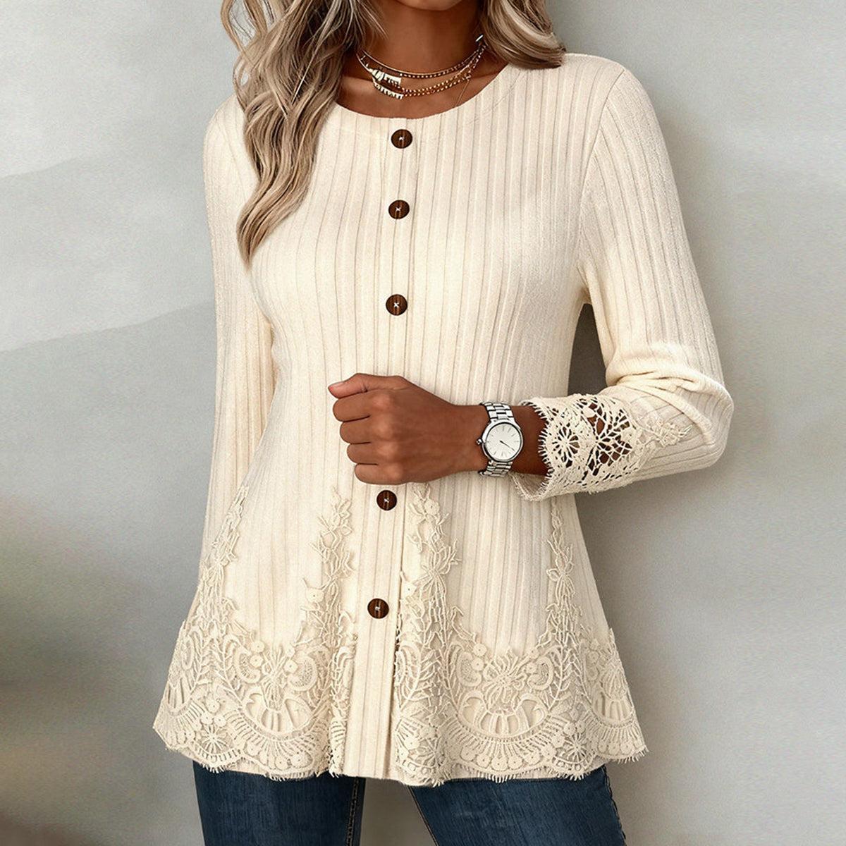 Winter Spitzentop beige – warmes Vintage Longsleeve Damen