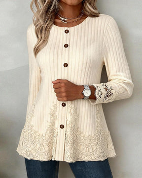 Winter Spitzentop beige – warmes Vintage Longsleeve Damen