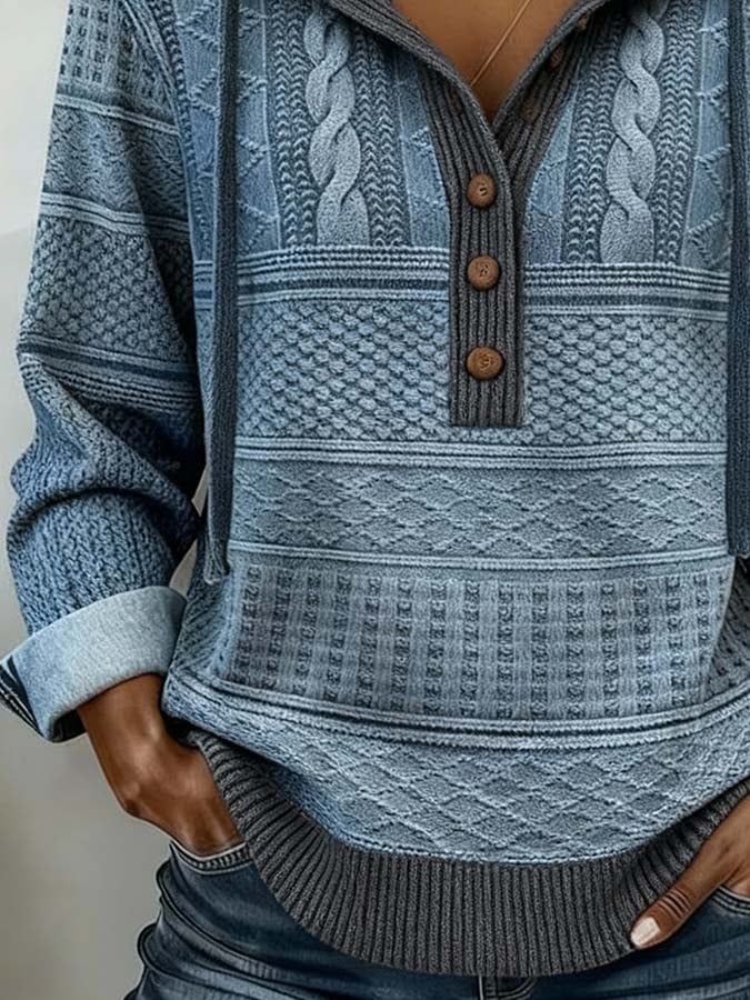 Kuscheliger Damen Winter Hoodie Denim-Blau mit Stricklook