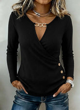 Winter Longsleeve Damen Schwarz mit V-Ausschnitt & Glamour