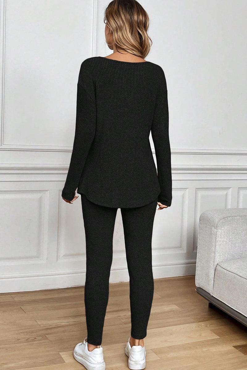 Winter Loungewear Set Damen Schwarz – Warmes Rib Two Piece