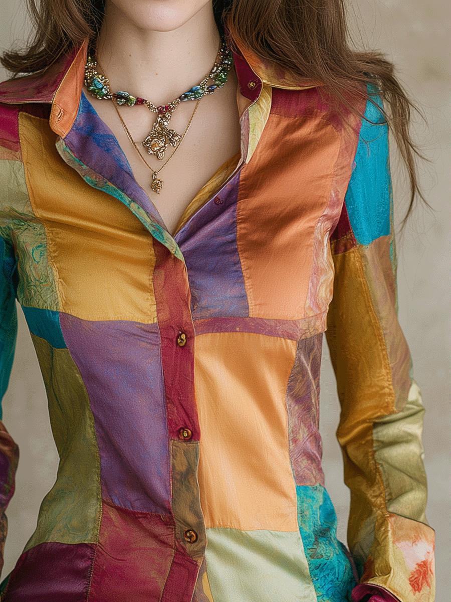 Winter Satin Bluse bunt geometrisch – elegantes Patchwork-Shirt
