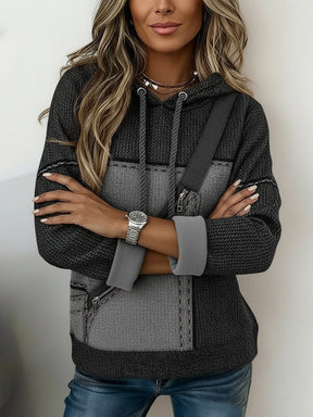 Winter Hoodie Damen grau schwarz mit Fake Shoulder Bag Look