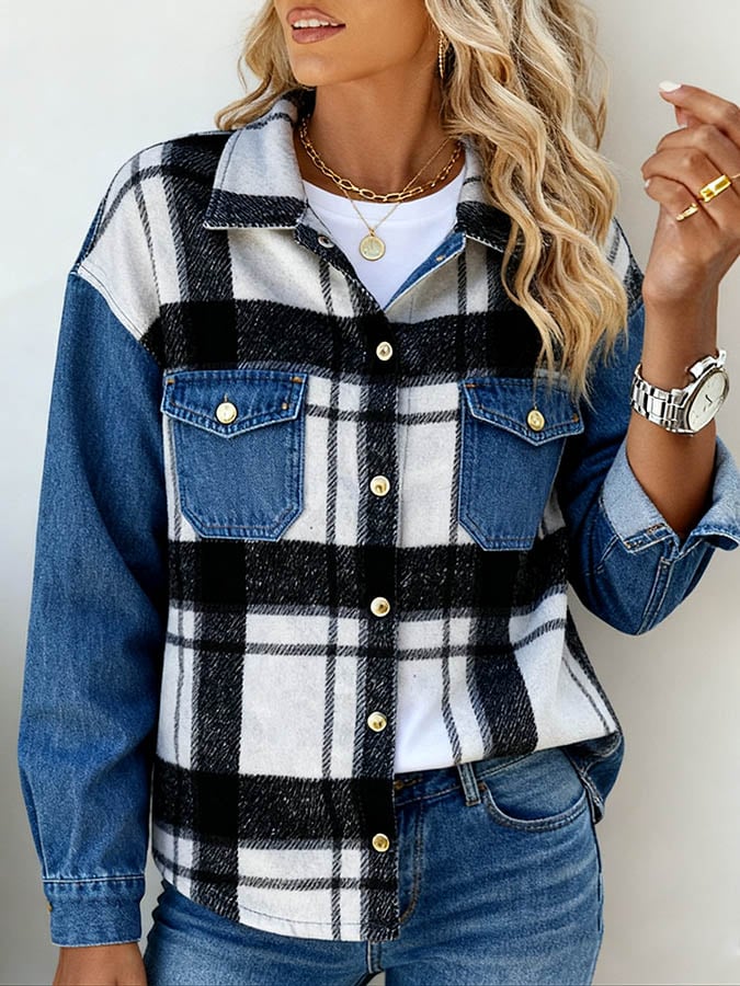 Warme Karo Denim Jacke Damen – stylisch für den Winter