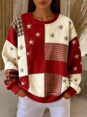 Damen Winter Patchwork Sweatshirt Sterne Karo Oversize Warm