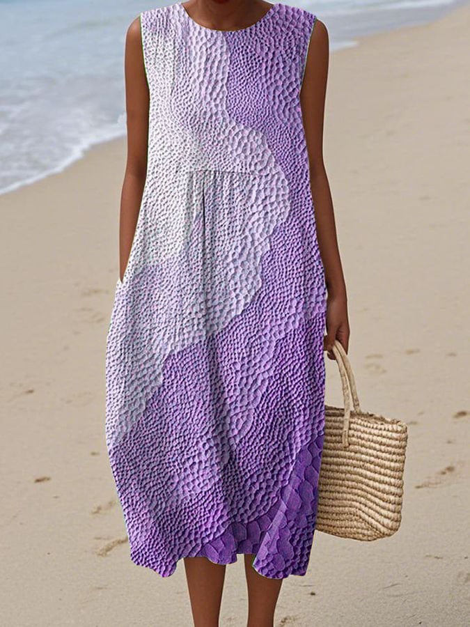 Winter Kleid Türkis Midi ärmellos Faux Leinen Meeresprint