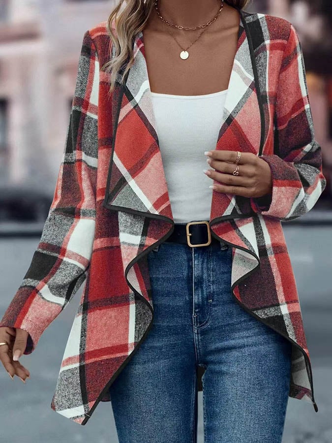 Winter Karo Cardigan Damen Wasserfalljacke Braun Schwarz