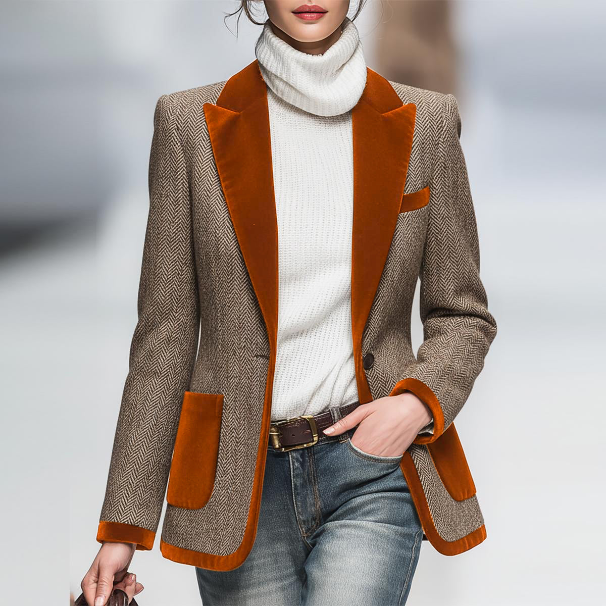 Winter Blazer Braun Retro Herringbone Velvet Damen Elegant