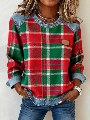 Kuscheliges Karo Sweatshirt Damen Winter Casual Denim Look